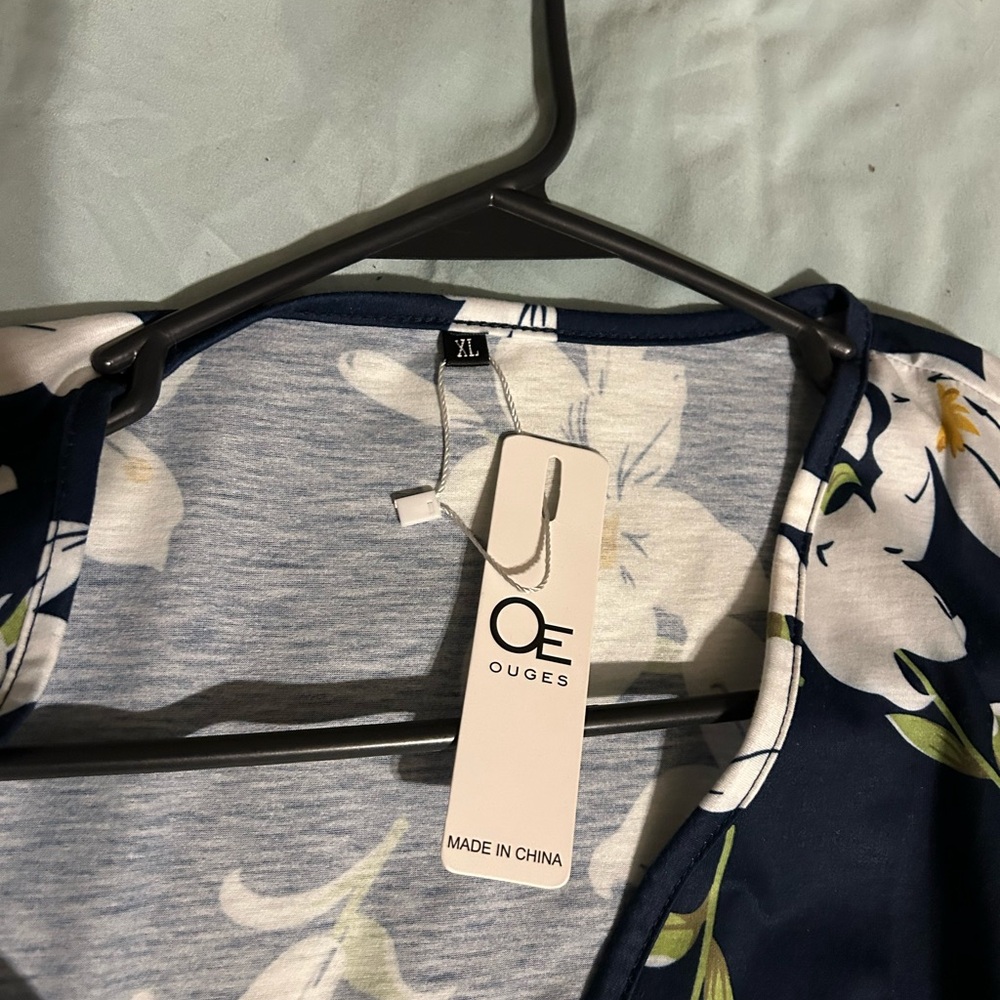 Blue and Cream Casual Sundress with deep V neck fits like a large. - Picture 7 of 12
